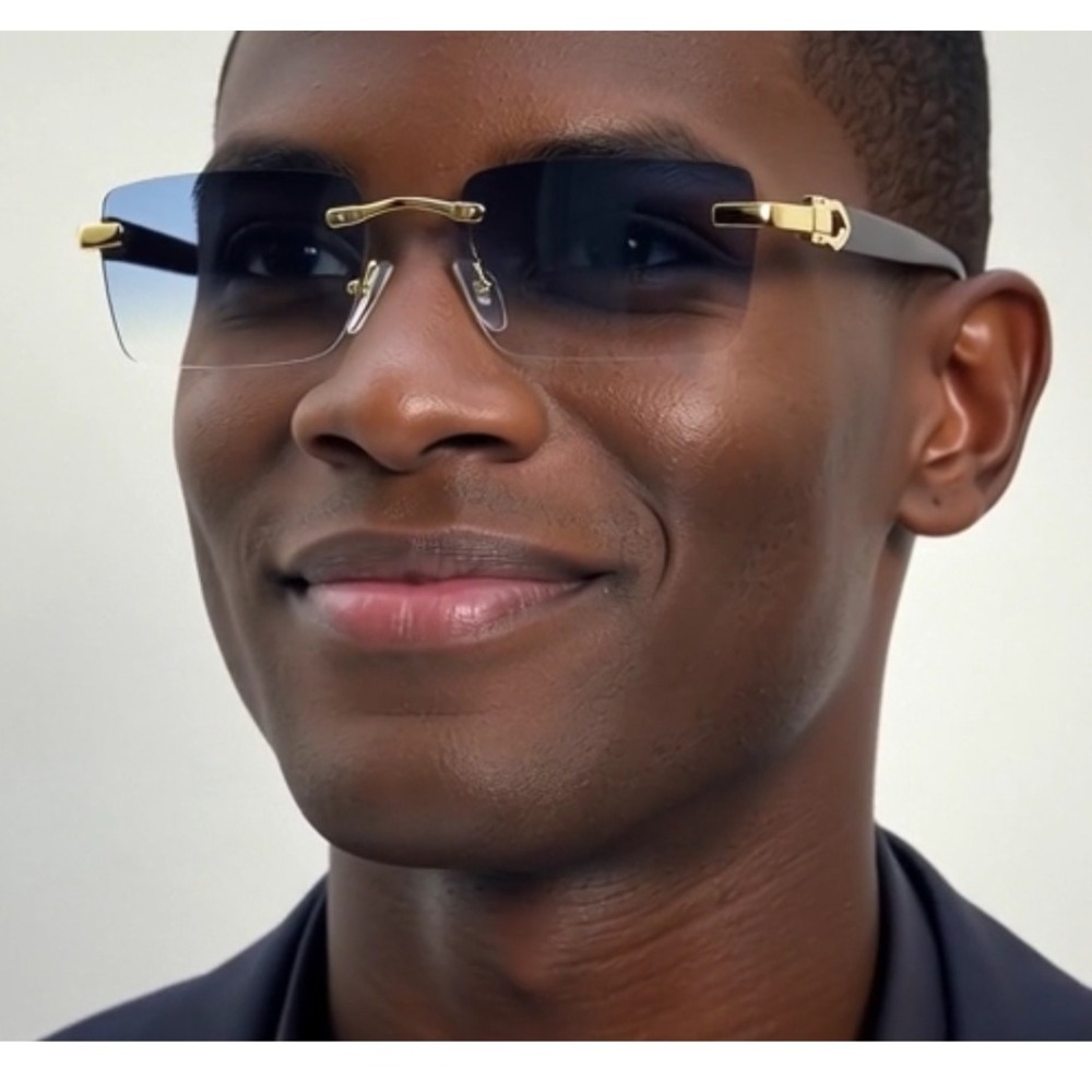 Rimless Men Sunglasses Blue Lens Wood Arms Gold Street Wear Trendy Hip Hop Shade